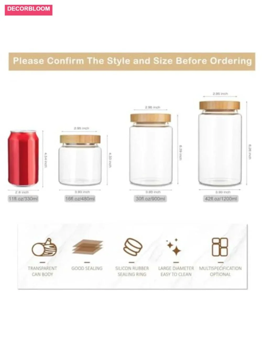 Airtight Clear Glass Canister Set with Bamboo Lid, 3-Pack 16 oz for Kitchen